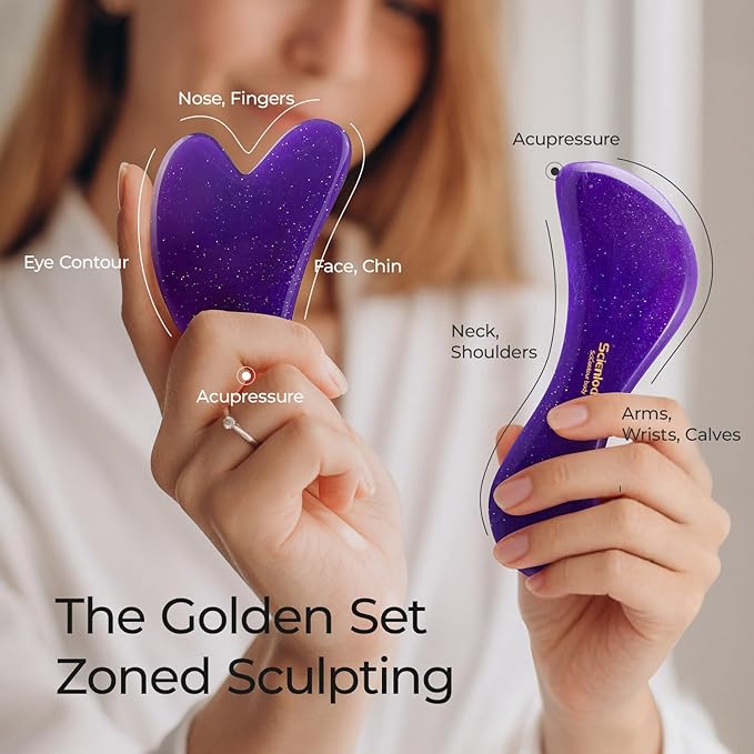 Scienlodic 2 Pcs Gua Sha Massage Tools for Face & Body (Purple, Resin) - Guasha Scraping Tool for Jawline Contouring, Puffiness Reduction, Neck, Shoulders, Arms & Calves Relaxation