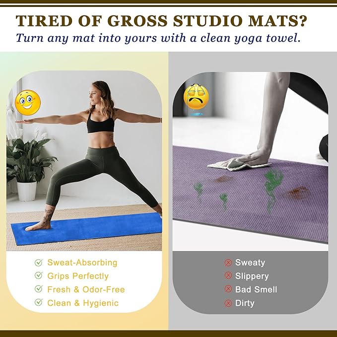 Yoga Mat Towel with Hand Towel, Extra Thick (600GSM) Soft Hot Yoga Towel, Non-Slip and Sweat Absorbent for Hot Yoga, Bikram, Pilates, and Fitness, 72" x 27.5", Dual-Color, Grey/Blue