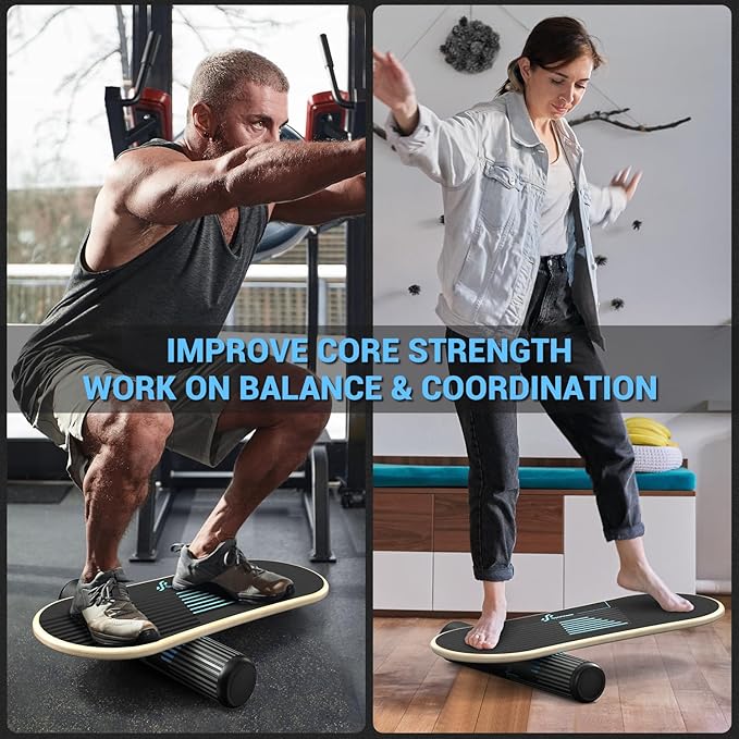 Sportneer Balance Board - 7 Modes Surf Balance Board Trainer with Adjustable Stoppers with Resistance Band Bar, Sportneer Detachable Workout Exercise Bar Handles for All Kinds Resistance Bands