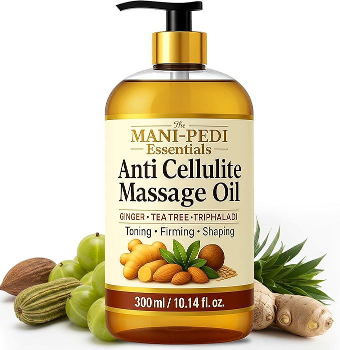 Anti Cellulite Massage Oil with Ginger Oil for Lymphatic Drainage Massage. Enriched with Tea-Tree Oil & Natural Herbs for Toning, Firming & Shaping. Natural & Organic - 10 Fl Oz