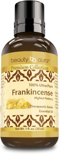 Beauty Aura Premium Collection Ultra Pure Frankincense Essential Oil - 1 Oz Bottle - Steam Distilled from Sacred Boswellia Tree Resin - Use for Beauty Care, Massages & More