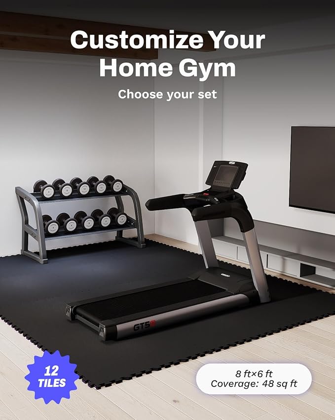 AIRHOP 0.79in Thick 48 Sq Ft Exercise Equipment Mats, 12 Tiles Upgraded Rubber Top with High Density EVA Foam, Large Interlocking Puzzle Gym Flooring for Home Gym, Heavy Weight Workout,Black