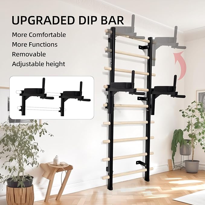 Swedish Ladder Dip Bar Attachment, Fits TS003A Ladder, Wood Stall Bar for School, Physical Therapy and Gymnastics, Multi-grip