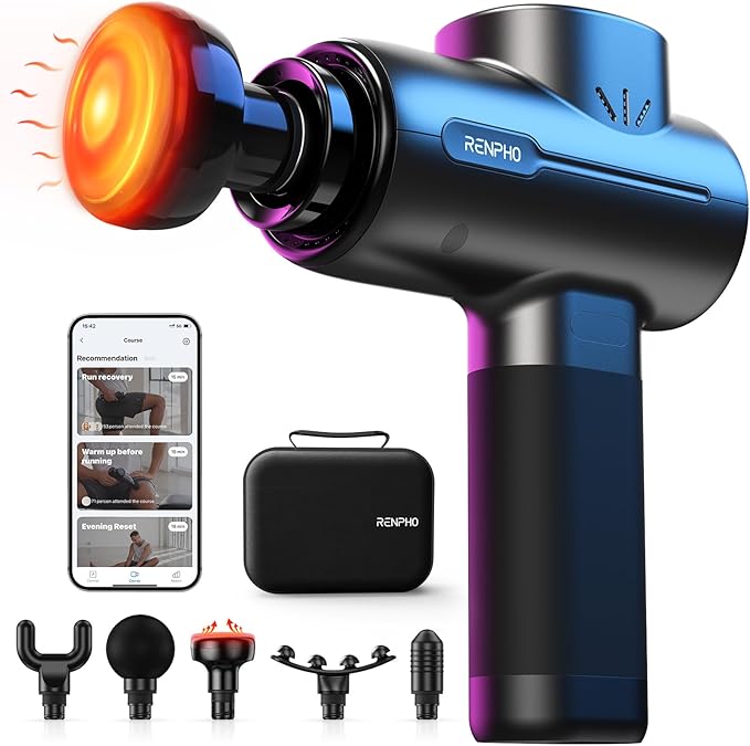 RENPHO Active+ Thermal Massage Gun with Heat, App Control, Deep Tissue Percussion Massager for Back and Neck, Portable Handheld Massager with 5 Speeds, 5 Attachments, Carry Case, Black