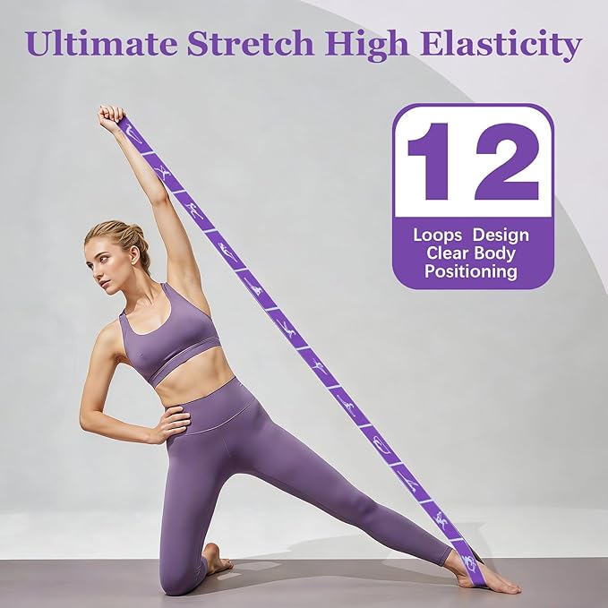 2pcs Yoga Straps for Stretching 12 Gears Elastic Bands for Exercise Stretch Band with Loops for Pilates, Yoga, Ballet, Gymnastics for Women Men, Improves Body Flexibility