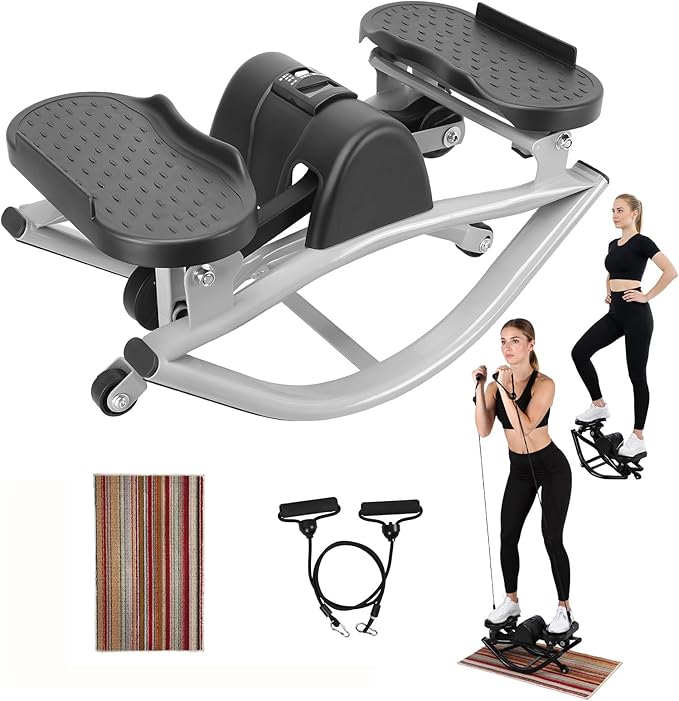 Rock Stepper Side to Side Lateral Rocking Fitness Stepper, Low-Impact Stair Step Workout Machine with Resistance Bands & LCD Monitor for Home Gym, 15 Minutes for Full Body Workout