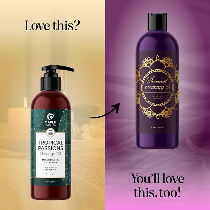 Tropical Sensual Massage Oil for Couples - Complete Relaxation Full Body Massage Oil for Date Night with Smooth Gliding Coconut and Sweet Almond Oil with Mango Scent - Non GMO Gluten Free and Vegan