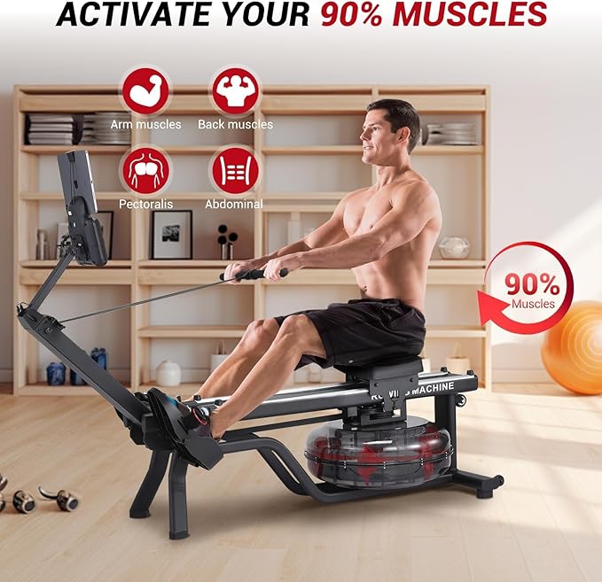 380 Lbs Capacity Water Rowing Machines for Home,Foldable Rower Machine with Led Digital Monitor, Wide Ergonomic Seating & App Compatible,for Gym Exercise The Upper Body Workout