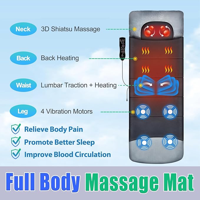 Full Body Massage Mat, Back Massager for Pain Relief Deep Tissue, 3D Shiatsu Neck and Back Massager with Heat, 3D Lumbar Traction & Relaxation, 4 Vibrating Motors, Massage Pad for Bed, Fit 5'1-6'2