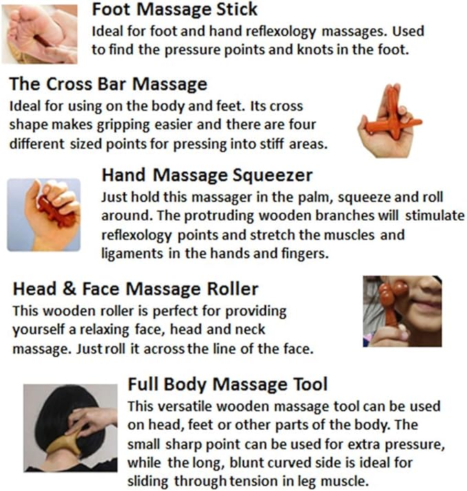 Reflexology Traditional Wooden Thai Massager Tools Full Body Foot Stick Hook Back Spa Face Gua Sha Therapy Trigger Point Massage Tool Relieve Shoulder Pain Wood (Set of 5 Full Body Massage)