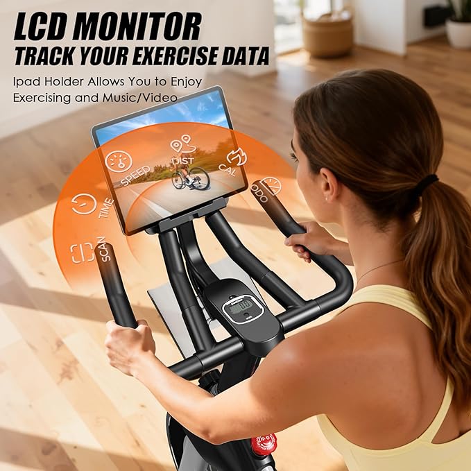 pooboo Exercise Bike, Adjustable Magnetic Resistance Stationary Bikes for Home with App Compatible, 350LB Weight Capacity Indoor Cycling Bike with Large Seat, Dumbbell Rack, Pull Cords & LCD Display,Low Noise Indoor Spin Bike for Home Gym