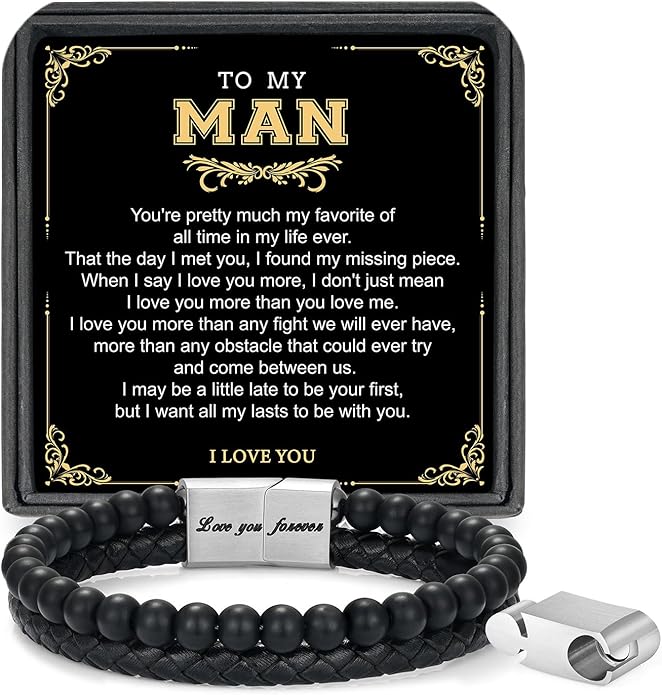 LUXEJEW Gifts for Men - Beaded Leather Bracelet 6mm Matte Agate Stone Bracelets for Men Dad Son Husband Boyfriend Grandpa Grandson Brother Uncle Nephew Adjustable Magnetic Clasp
