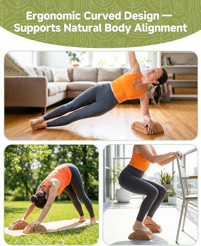 Rocalt Cork Yoga Blocks, Half Moon Yoga Block & Calf Stretching, Cork Foot Stretcher for Plantar Fasciitis Relief, Ankle Stretcher Pilates Block, Improve Balance, Stability & Foot Mobility