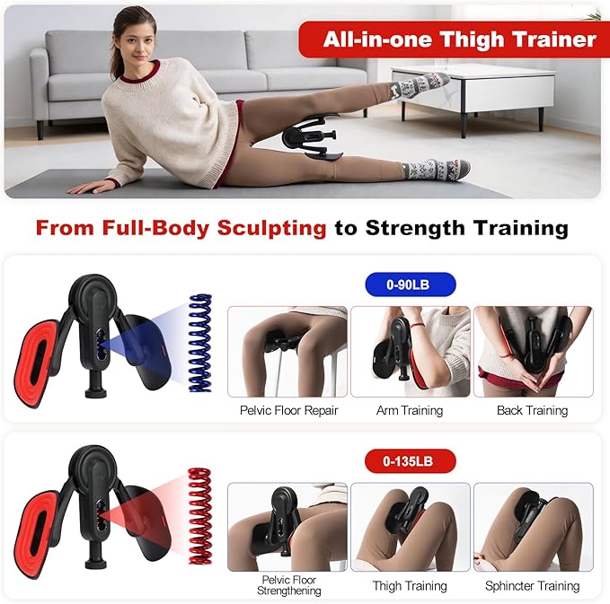 Thigh Trainer, 10-135LB Adjustable Resistance Inner Thigh Exerciser, Pelvic Floor Muscle Repair with Leg Strap, Workout Kegel Exercise Equipment for Shaping, Yoga, Weight Loss Home Gym