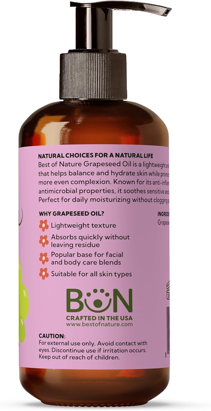 Best of Nature 100% Pure Grapeseed Massage & Body Oil, Unscented Lightweight Non-Greasy Moisturizer for Hair, Skin, Face, & Aromatherapy Carrier Oil for Essential Oils, 8 oz.