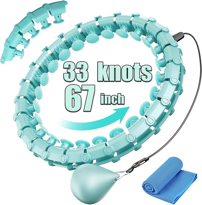 Coolboss Weighted Workout Hula Circle 33 Knots Infinity Hoola Fit Hoop Plus Size for Adult Weight Loss - Smart Exercise Waist Ring, Detachable & Adjustment Silent Fitted Equipment Cyan