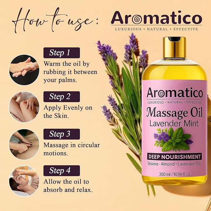 Lavender Mint Massage Oil with Sesame, Almond & Jojoba Oils. Non-Sticky, Safe & Natural Ingredients – 10 Fl Oz