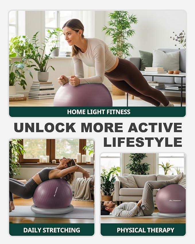 Trideer Exercise Ball for Office Desk, Yoga Ball Chair to Relieve Back Pain, Stability & Fitness Ball Seat with Base, Home Gym Core Workout, Abs, Stretching & Therapy