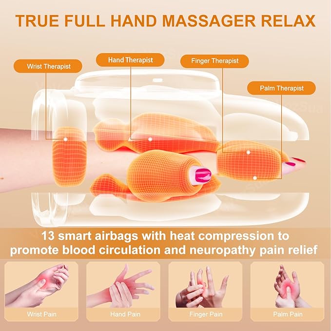 Full Hand Massager with Heat and Compression for Arthritis and Carpal Tunnel, Adjustable Hand Massage、 Temperatures、 Compression Models, Blood Circulation Pain Therapy Relax Relief Glove Gift