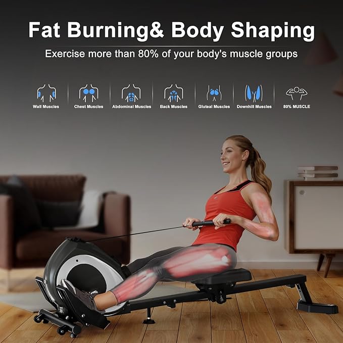 Magnetic Rowing Machine for Home | Adjustable 8-Speed Booster | Burn Fat & Sculpt Muscles | Supports Up to 265 LBS | Phone/Tablet-Ready Design