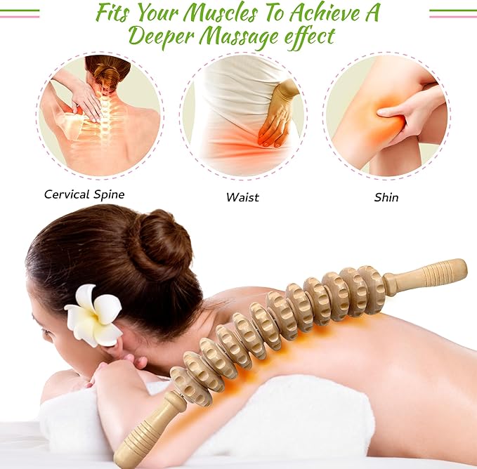 Wooden Curved Handheld Roller Massager Stick- 12 Rollers Wood Therapy Tool for Trigger Point, Fascia & Cellulite Reduction, Lymphatic Drainage, Muscle Tension Relief & Body Shaping (Wood)