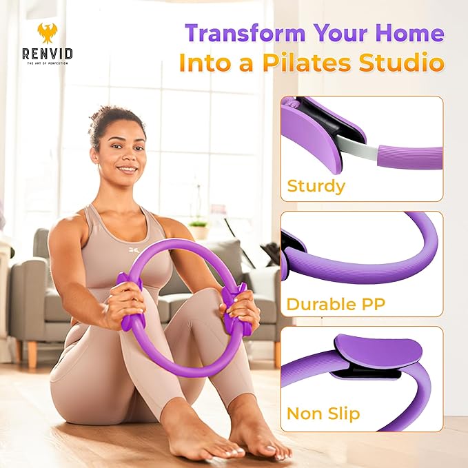 Pilates Ball and Ring Set for Women - 14-Piece At Home Pilates Kit with 12-Inch Magic Circle, 5 Resistance Bands, Home Workout Equipment for Full Body Training (Pink)