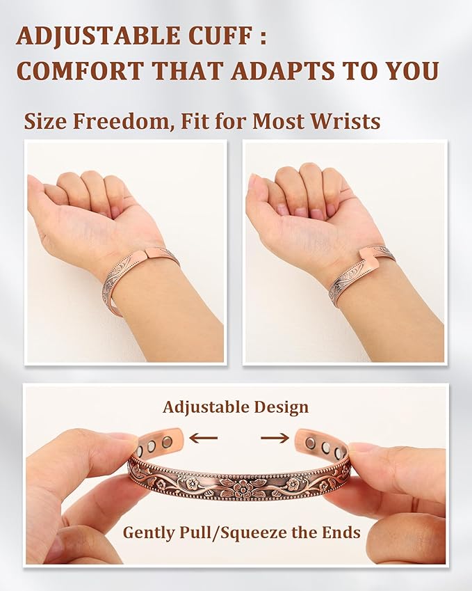 BioMag Magnetic Copper Bracelet & Lymphatic Drainage Ring for Women, 99.99% Pure Copper Magnetic Cuff Bangle with 11 Pcs 3500 Gauss Magnets, Adjustable Size, Floral Vine Pattern