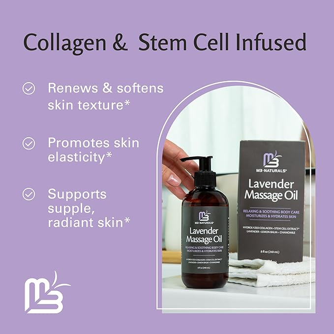 Lavender Massage Oil with Collagen and Stem Cells - Skin Firming Therapy Oil for Cellulite and Quick Absorption on Bum, Thighs, and Belly, 8 fl oz (Pack of 2) by M3