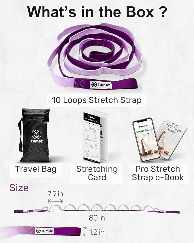 Tumaz Stretching Strap - 10 Loops & Non-Elastic Yoga Strap - Perfect Home Workout Stretch Strap for Physical Therapy, Yoga, Pilates, Flexibility