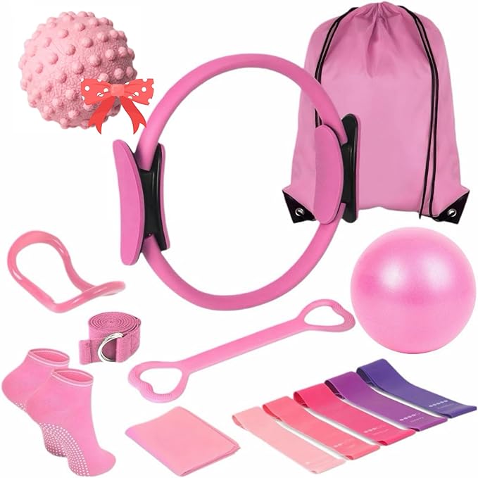 Pilates Essential Kit for Women,13pcs Pilates Equipment for Home Workouts,with Pilates Ring and Ball,5 Resistance Bands and Other Equipment,for Pilates Beginners,Enthusiasts and Professionals