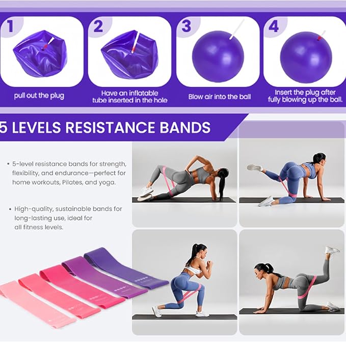 Pilates Essentials Kit for Women, Pilates Essentials Kit, 13 Piece Home Pilates Equipment Set Includes 𝐏𝐢𝐥𝐚𝐭𝐞𝐬 Ring Resistance Bands Yoga Ball, for Women's Home Workouts & Beginners