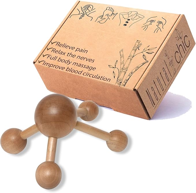 Natural Wood Handheld Massager - Relaxing Muscle Relief, Revitalizing Scrubbing Roller - Soothing Back & Body Therapy Tool - Bodycare Hand Spider - Mr Happy Wooden Ball Massager