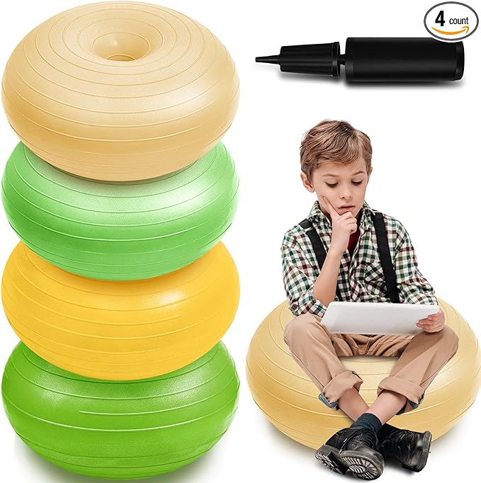 Lewtemi 4 Pcs Flexible Seating for Classroom Elementary 20 Inch Yoga Ball Chair Inflatable Donut Ball Chair with Inflator for Kids Student Sensory Balance Office Exercise