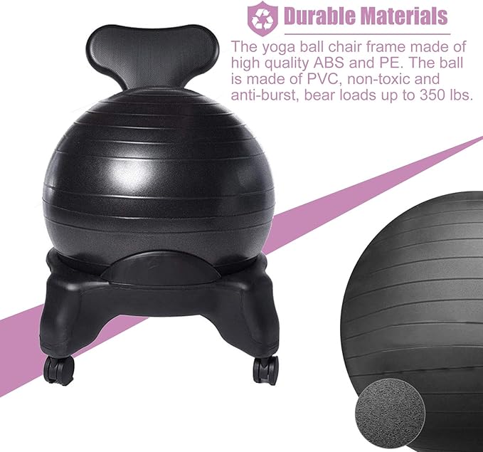 Stability Yoga Ball Chair with Wheels and Backrest, Rolling Exercise Ball Chair with Pump, Yoga Ball Seat Active Sitting for Spine Health(E)