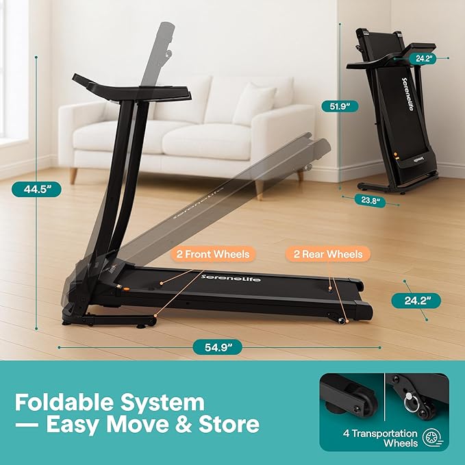 SereneLife Treadmills for Home with 13% Manual Incline Treadmill, 3.5HP - Compact Digital Portable Foldable Treadmill with Speakers, Bluetooth, App Sync, Heart Rate Monitor, for Walking, Running, Gym