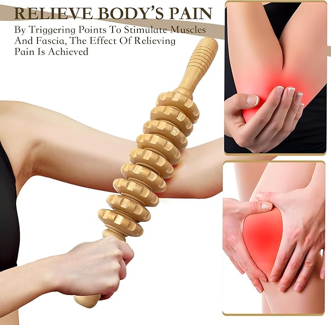 Wood Therapy Massage Roller Stick with Release Myofascial Trigger Points, Massager Tool for Cellulite Reduction, Muscle Tension and Lymphatic Drainage Physical Therapy Recover (Wood)