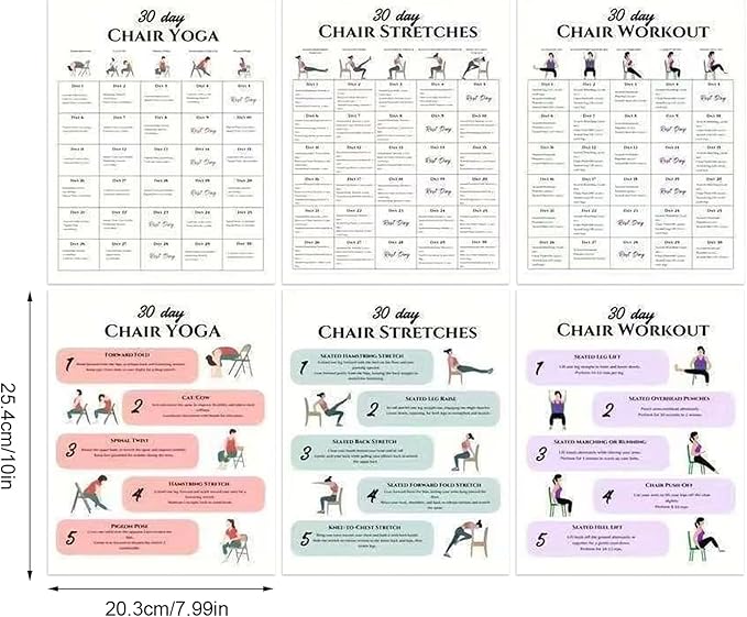 Chair Yoga 30-Day Set - 6 Pieces | Workout Supplies with Instruction Book for Beginners Home Travel Gym Office Morning Family Friends Sports Athletes Bodybuilding Fitness Strength