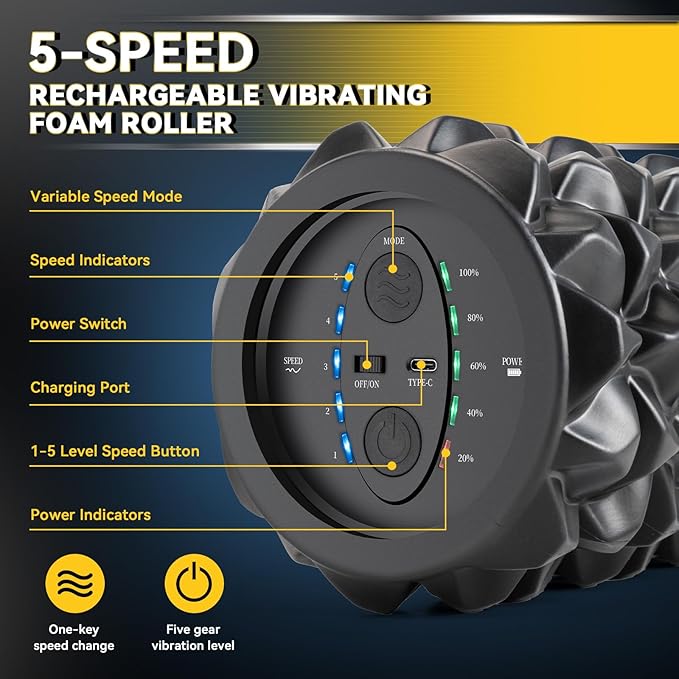 Vibrating Foam Roller, High Density Massage Roller Back Roller Foam for Back Pain Relief & Muscle Recovery and Physical Therapy, 5-Speed Rechargeable Exercise Roller, 2 Modes