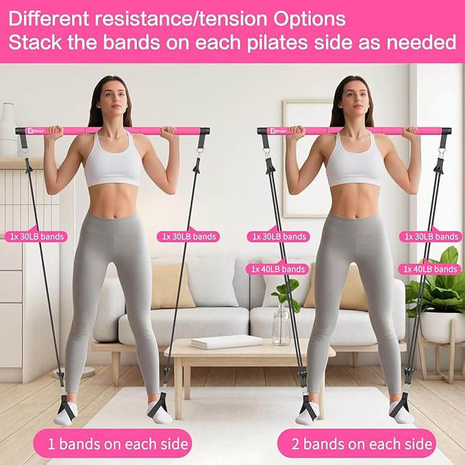 Pilates Bar Kit with Resistance Bands,Pilates Bar with Stackable Bands Workout Equipment for Legs,Hip,Waist and Arm,Exercise Fitness Equipment for Women & Men Home Gym Yoga Pilates