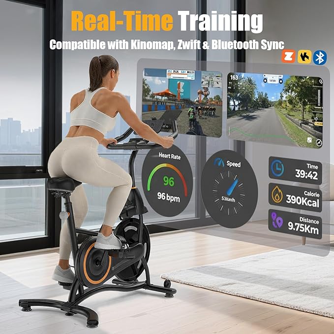 Exercise Bike with Exclusive Heart Rate Sensor and APP Sync, Stationary Bikes for Home with Continuously Variable Resistance, Compact Indoor Cycling Bike with Tablet Mount