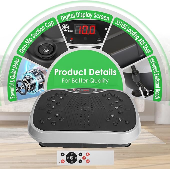 Vibration Exercise Machine with Resistant Bands Remote Control Whole Body Vibration Platform Workout Equipment Home Fitness Training Equipment for Weight Loss Fat Burner