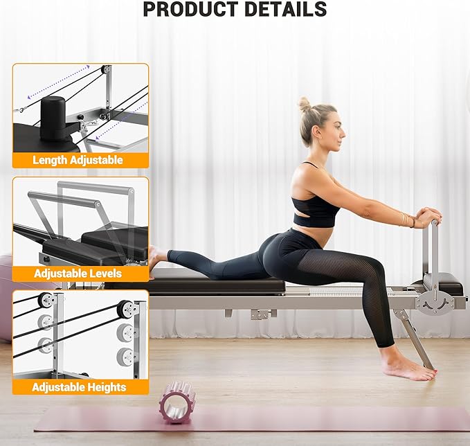 Foldable Pilates Reformer for Home Use, Adjustable Pilates Machine with 5 Resistance Springs, Compact Design for Small Spaces, Supports 350 LBS, Ideal for Beginners & Intermediate Users, Black