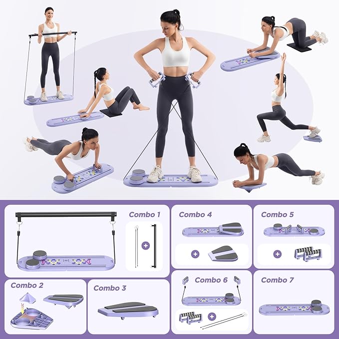 Pilates Board, Portable Pilates Reformer Equipment with Timer, 7-in-1 Foldable Pilates Machine for Home Workout, Multi-Purpose Pilates Equipment at Home, Office