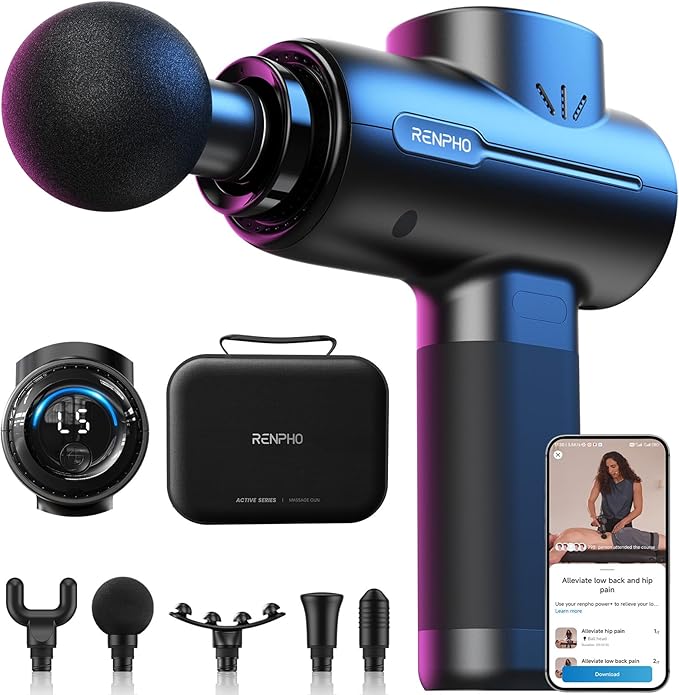 RENPHO Active+ Percussion Massage Gun - 5 Adjustable Speeds for Back, Neck, Muscle Recovery - App Controlled Guided Courses, with Carry Case for Professional Athlete, Gym and Travel,Black