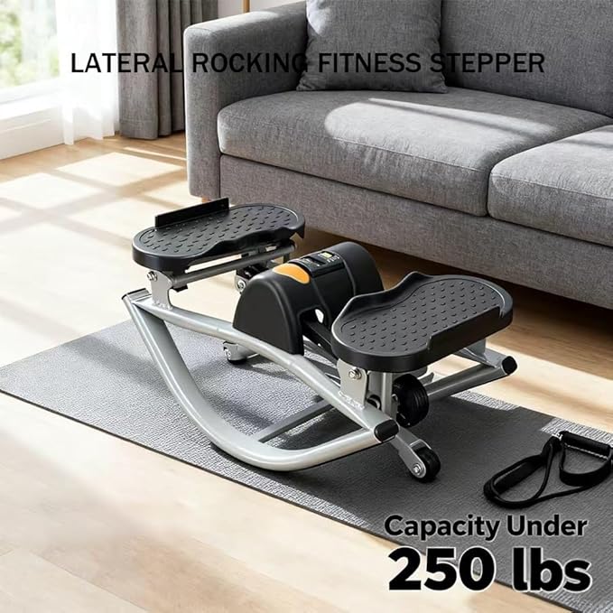 Lateral Rocking Fitness Stepper Home Workout Machine, Portable Compact Rocking Stepper Side to Side with LCD and Resistance Bands, Low-Impact Lateral Steppers for Knees and Joints