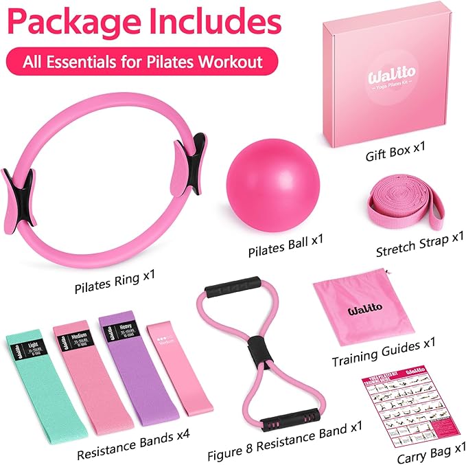 WALITO Home Pilates Kit for Women,Pilates Ring Set with Magic Circle,Resistance Bands,Figure 8 Workout Bands,Mini Ball, Compact Toning Fitness Essentials Starter Set Accessories Gift