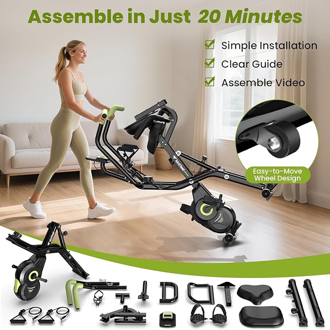 Foldable Exercise Bike, Multifunctional Indoor Stationary Bikes for Home with 8-Level Magnetic Resistance, Quiet Workout Bike with Arm Resistance Bands, LCD Monitor, 300LBS Capacity