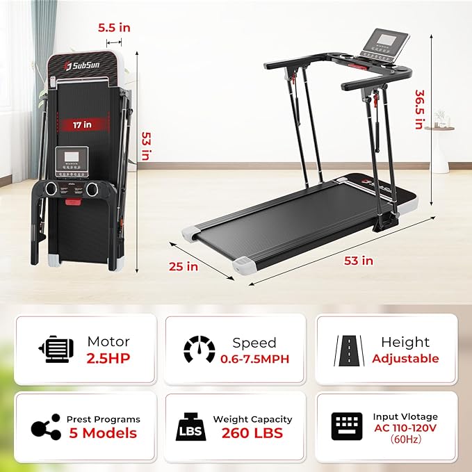SubSun Foldable Treadmill for Home, Portable Walking Pad with Handle, Manuall/Auto/No Incline, 2.5HP Treadmill with 265 Lbs, Black/White