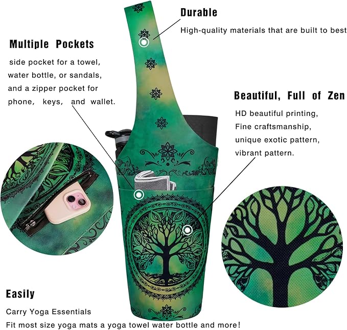 Fashion Printed Yoga Mat Bag with Large Side Pocket & Zipper Pocket Long Tote Yoga Bag Fit Most Size Mats - Holds More Yoga Accessories