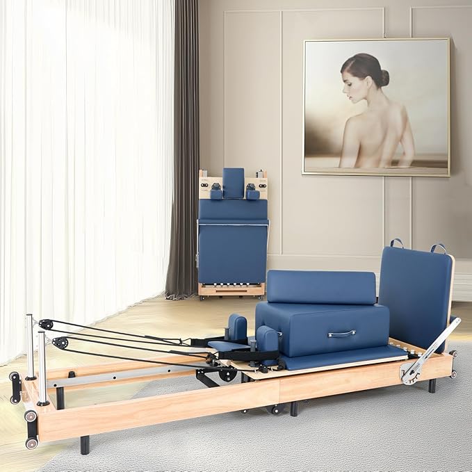 Pilates Reformer Machine,Oak Wood Home Pilates Equipment, Foldable Pilates Reformer with Reformer Box, Jump Board for Home Workouts and Body Exercises, Suits for Studio Gym Yoga